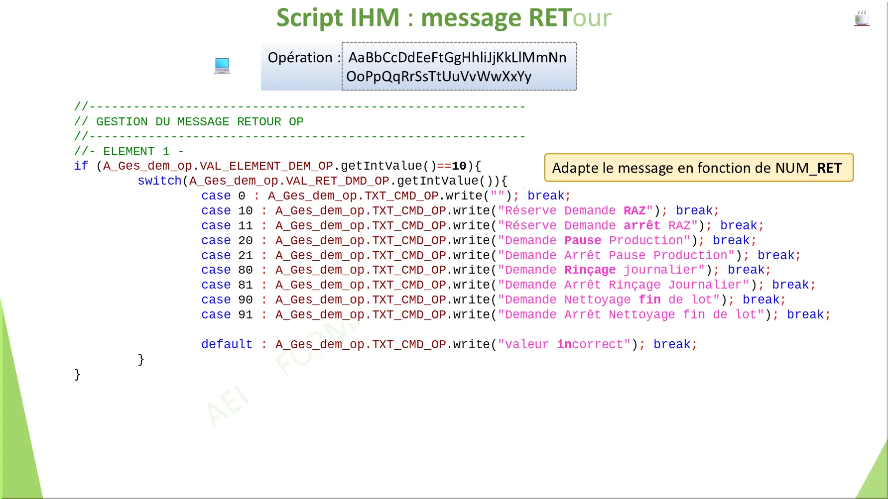 Script IHM : message RETour